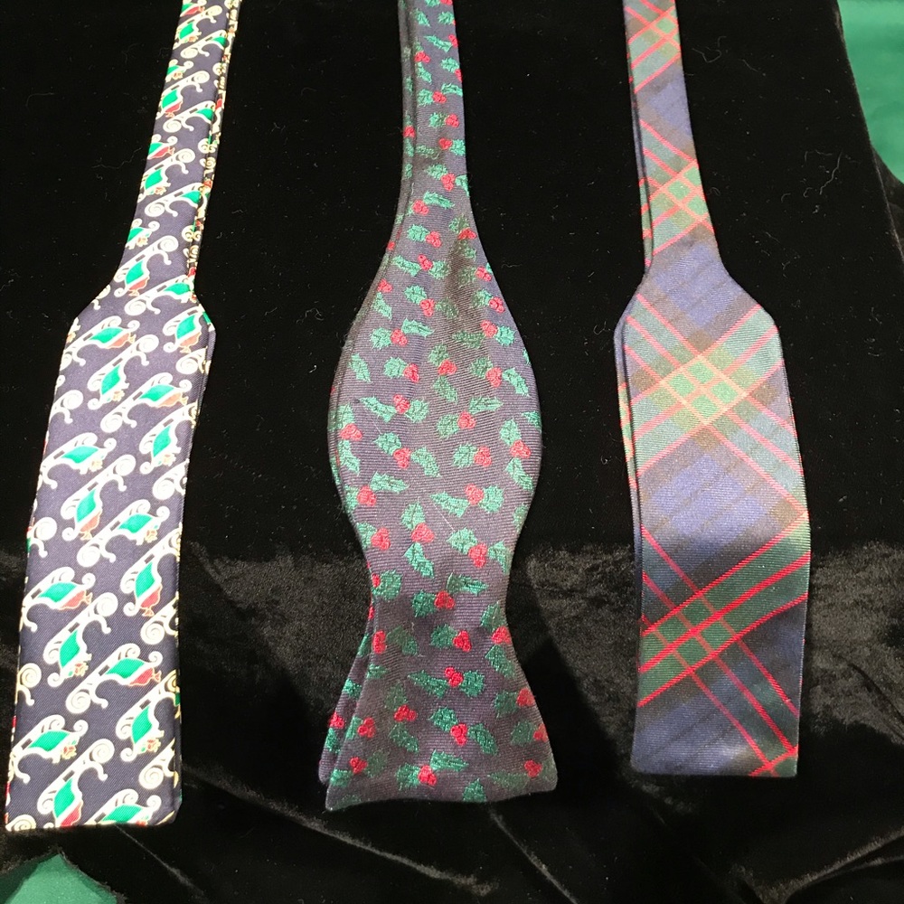 Three silk hand tie bow ties, holiday themed